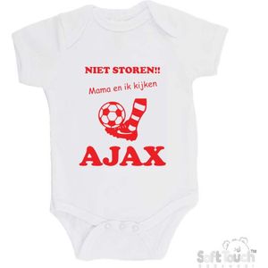 100% katoenen Romper ""Niet storen!! Mama en ik kijken AJAX"" Unisex Katoen Wit/rood Maat 62/68