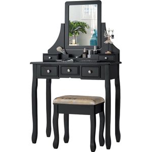 Make-uptafel met kruk, 5 laden, afneembare opbergdoos, 360 graden draaibare spiegel, kaptafel van tafel en afneembaar bovendeel, houten make-uptafel (zwart)