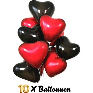 New Age Devi - ""10 Hartjes Ballonnen - Rood & Zwart - Ø25cm - Valentijn/Huwelijk/Verloving/Bruiloft/Jubileum - Romantische Versiering - Latex Ballonnen