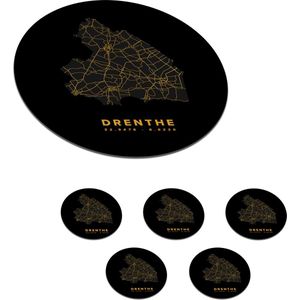 Onderzetters voor glazen - Rond - Drenthe - Wegenkaart Nederland - Goud - 10x10 cm - Glasonderzetters - 6 stuks