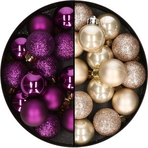 Decoris kleine kerstballen - 28x st - champagne en paars - 3 cm - kunststof