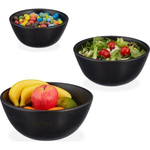Relaxdays houten saladeschaal - set van 3 - zwarte fruitschaal mangohout - serveerschaal
