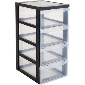 Toren Ladekast Kunststof Opbergorganizer met Ergonomisch Handvat 11L 4 Lades met Wielen BPA-vrij Zwart - Ideaal voor Kantoor, Slaapkamer en Woonkamer DC-004