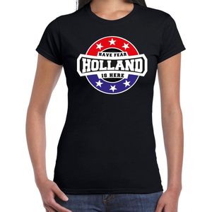 Have fear Holland is here t-shirt met sterren embleem in de kleuren van de Nederlandse vlag - zwart - dames - Holland supporter / Nederlands elftal fan shirt / EK / WK / kleding S