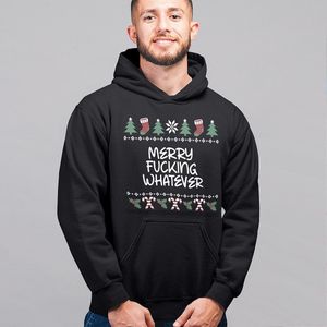 Foute Kerst Hoodie - Kleur Zwart - Merry Fucking Whatever - Maat 4XL - Uniseks Pasvorm - Kerstkleding voor Dames & Heren