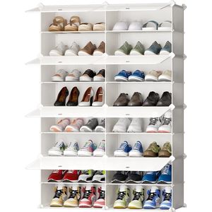 Schoenenkast, doe-het-zelf schoenenrek, plastic kastorganizer voor kast, modulaire schoenenstandaard met deur, schoenendozen, stapelbaar voor hal, slaapkamer, entree (wit, 2 x 8)