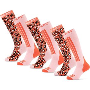 Poederbaas Skisokken - 6 paar - Panther Orange - Wintersportsokken Dames met print - Maat 31/34