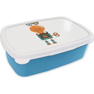 Broodtrommel Blauw - Lunchbox - Brooddoos - Robot - Bril - Gloeilamp - Snor - Kinderen - Jongens - 18x12x6 cm - Kinderen - Jongen