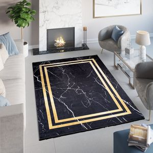 Tapiso Toscana Vloerkleed Kwastjes Zwart Gouden Kleed Tapijt Maat- 120x170