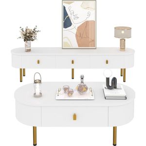 Merax Luxe TV-meubel en Salontafel Combinatie - Witte MDF - Gouden Handgrepen en Benen - Schuine Hoeken - 108 cm + 174 cm