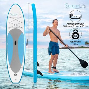 SereneLife SLSUPB10 Free Flow SUP - Stand-Up Paddle-Board - Incl acc - 10ft - Max. 125kg - Blauw