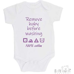 100% katoenen Romper ""Remove baby before washing 100% cotton"" Meisjes Katoen Wit/paars Maat 68/74