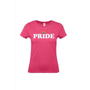 Dames T-shirt Pride met hartje | Regenboog vlag | Gay pride kleding | Pride shirt | Roze | maat M