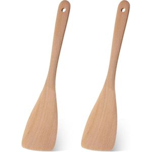 2 stuks houten spatels voor pannen met lange handgreep 33 cm - kooklepel en keukenspatel