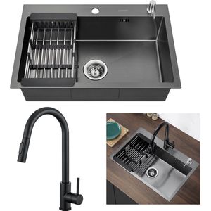Lonheo max Spoelbak Antraciet 68x45 - Met keukenkraan met uittrekbare uitloop - Spoelbak Keuken - Spoelbakken Keuken RVS - Spoelbak Met Kraangat - Spoelbak Met Zeepdispenser - Verstelbaar Mandje - Overloop en Sifon
