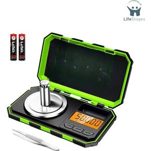 LifeStages - Milligram Weegschaal - Mini Weegschaal Met 50g Kalibratiegewicht - Keukenweegschaal Met Tarra En LCD-Scherm - Blauw - Oranje - Groen