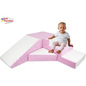 Zachte Soft Play Foam Blokken 4-delige set glijbaan met trap Roze-Wit | grote speelblokken | motoriek baby speelgoed | foamblokken | reuze bouwblokken | Soft play peuter speelgoed | schuimblokken