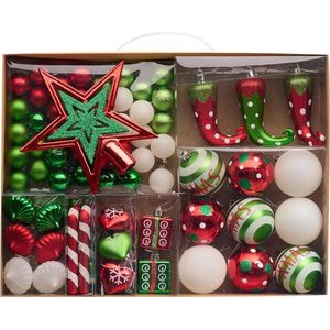 Kerstballen 70-delig. Kunststof kerstballen Kerstdecoratie Set Plastic Kerstversiering voor Kerstboom Decoratie Party Huisdecoratie Elfen Thema Rood Groen Wit