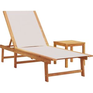 vidaXL Ligbed en Tafel Acaciahout Grijs Ligbed - Lounge Chair - Tuinmeubels - Acacia Hout - Textiel