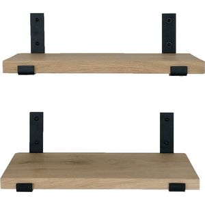 GoudmetHout Prijstopper - Set Eiken Wandplanken - Industrieel Wandrek - 50x15 cm - Industriële Plankdragers L-vorm UP - Staal - Mat Zwart