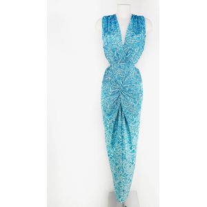 Lange jurk met print - Blauw - Lang jurkje met open rug - Zomerjurk met split - Met stretch - One-size - Een maat