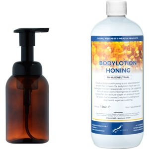 Zeepdispenser 300 ml amber bruin hervulbaar + 1 liter Bodylotion Honing navulling