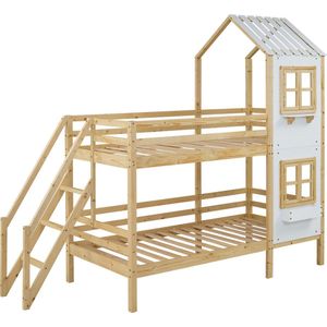 Merax Stapelbed 90x200 - Huisbed met Raam en Dak - Bed voor Kinderen - Wit met Naturel Bruin