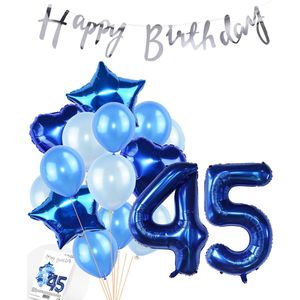 Snoes Ballonnen 45 Jaar Feestpakket – Versiering – Verjaardag Set Mason Blauw Cijferballon 45 Jaar - Heliumballon