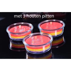 Tri-Colore-Plus Kaars met 3 houten pittenin mooie schaal - Gemaakt door Candles by Milanne