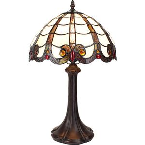 LumiLamp Tiffany Tafellamp 43 cm Wit Bruin Kunststof Glas Rond Tiffany Bureaulamp