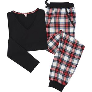 La-V pyjamaset voor dames met flanel joggingbroek en top met kant zwart/rood XL
