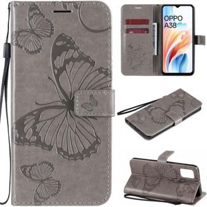 Hoesje Vlinders Grijs - Geschikt voor OPPO A38 - Portemonnee Book Case - Boekje Met Kaarthouder / Pasjeshouder en Magneetsluiting - Booklet Beschermhoes - Boekhoesje met Draagkoord