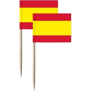 150x Cocktailprikkers Spanje 8 cm vlaggetje landen decoratie - Houten spiesjes met papieren vlaggetje - Wegwerp prikkertjes
