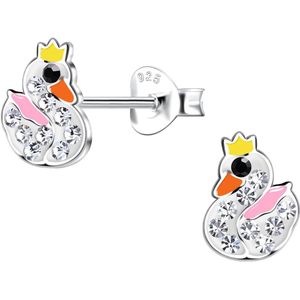Joy|S - Zilveren zwaan oorbellen - wit roze met kristal en een geel kroontje - 6 x 8 mm - kinderoorbellen