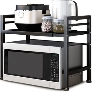 TammaT - Magnetronkast - Uitbreedbaar - Keukenrek - Magnetron bovenkast - Ovenkast - Kruidenrek - Keukenkast voor boven Magnetron - breedte verstelbaar magnetron kast - Magnetron rek - Metaal - Mat Zwart - Maat (tussen 40-64) x 36,5 x 45 cm.