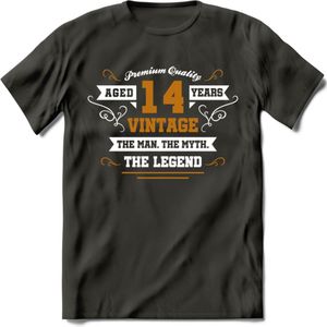 14 Jaar Legend T-Shirt | Goud - Wit | Grappig Verjaardag en Feest Cadeau Shirt | Dames - Heren - Unisex | Tshirt Kleding Kado | - Donker Grijs - L