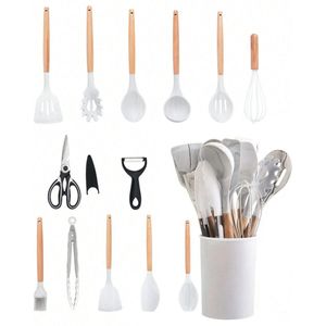 S&E Siliconen Kookgerei Set met Houten Handvat – 7-Delige Keukenset - Wit