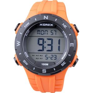 Xonix DAX-A01 - Horloge - Digitaal - Heren - Mannen - Rond - Siliconen band - LCD - ABS - Cijfers - Achtergrondverlichting - Alarm - Start-Stop - Chronograaf - Tweede tijdzone - Waterdicht - 10 ATM - Oranje - Zwart