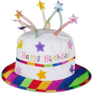 Relaxdays Happy Birthday hoed taart - feesthoed verjaardag - pluche - verjaardagshoed