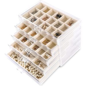 Acryl Sieraden Organizer Oorbellen Organizer Doos met 5 Lades Stapelbare Oorbellenhouder voor Ringen, Stud Oorbellen en Armbanden (Beige)