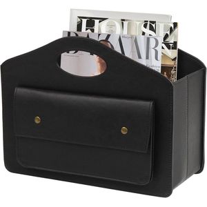 Lederen tijdschriftenhouder met opvouwbare opbergmand - multifunctioneel - zwart - 33,8 x 28,5 x 18 cm