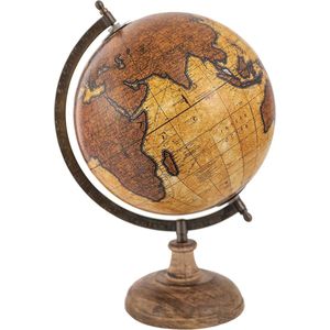 HAES DECO - Decoratieve Wereldbol met bruin houten voet - formaat 22x37cm - kleuren Oranje / Beige / Bruin - Vintage Wereldbol, Globe, Aarbol