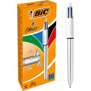 BIC 4 Colours Shine Balpennen met Kliksysteem - Metallic Zilveren Lichaam - Doos van 12 Stuks - Medium Punt 1 mm