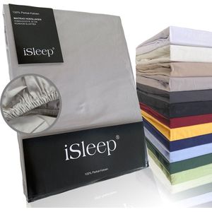 iSleep Perkal Hoeslaken - 100% Perkal Katoen Hoge Hoek - Rondom Elastiek - Litsjumeaux - 180x220 cm - Zilver