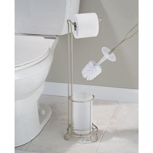 Toiletpapierhouder met toiletborstel zonder boren – vrijstaande toiletrolhouder met geïntegreerde wc-borstel – 2-in-1 wc-set staand – zilverkleurig