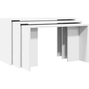 The Living Store 3-delige Tafeltjesset bewerkt hout wit - Bijzettafels - Salontafel - Nesttafels - Houten Tafels - Witte Tafels