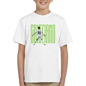 Ronaldo - Kinder T-Shirt - Wit - Maat 110 / 116 - T-Shirt leeftijd 5 tot 6 jaar - Voetbal shirt - Cadeau - Shirt cadeau - CR7 t-shirt - voetbal - verjaardag - Unisex Kids T-Shirt - Groene tekst