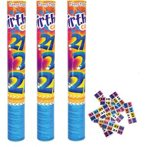 Set van 3 confetti shooters - VERJAARDAG 21 JAAR - lengte 40 cm - met bedrukte confetti 21 jaar - reikwijdte 5-6 meter hoog