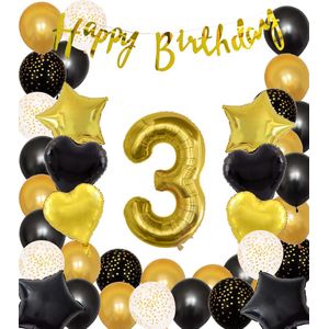 Snoes Ballonnen 3 Jaar Black Gold Dots Mega Ballon - Compleet Feestpakket Goud Zwart Stippen Cijferballon 3 - Verjaardag Versiering DIY Slinger Happy Birthday – Folieballon – Latex Ballonnen - Helium Ballonnen