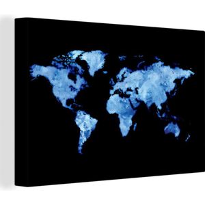 Canvas Wereldkaart - 90x60 - Wanddecoratie Wereldkaart - Waterverf - Lichtblauw